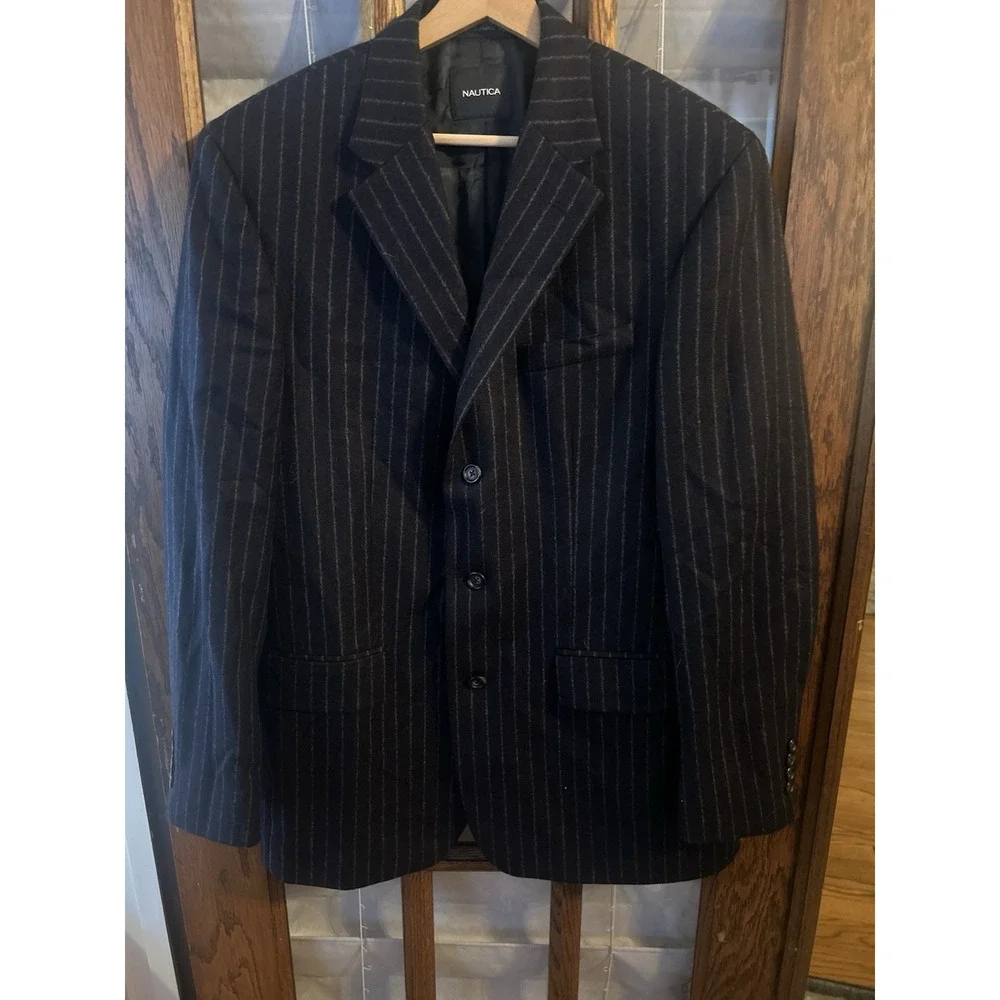 NAUTICA Men's Sz 40L Navy Pin Stripe 100% Wool Sport Coat Jacket Double Vented‎